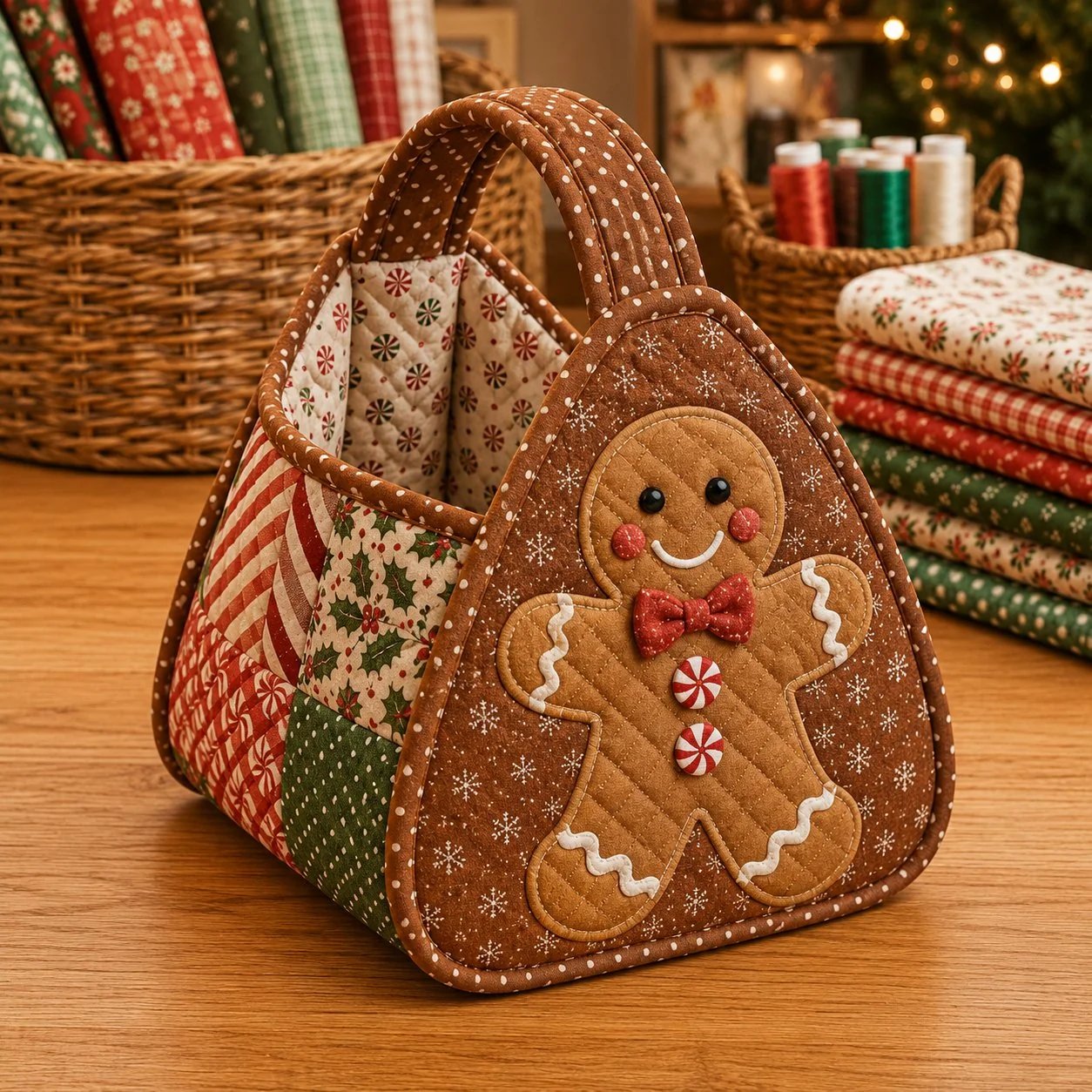 ⏳ 49 % RABATT – 🎄 Weihnachtlicher Figuren-Tragekorb | Gepolsterte Patchwork-Stoffe, mehrschichtige Applikationen & weicher Tragegriff – als DIY-Bausatz oder fertig genäht erhältlich 🎁✨