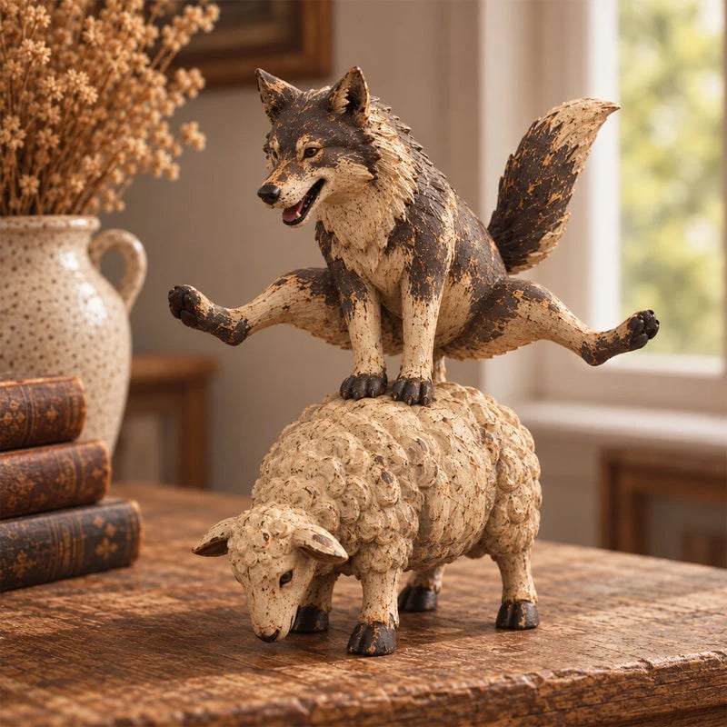 🐺Lustige Figur: Wolf reitet auf einem Schaf🐑 | Rustikale Tierstatue im Landhausstil