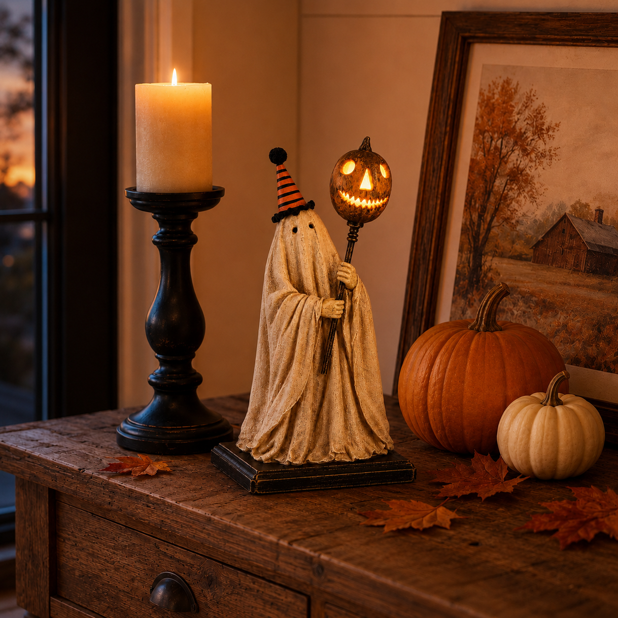 Summerween Sale 50% OFF - Lighted Vintage Ghost Figurine with Glowing Pumpkin Staff