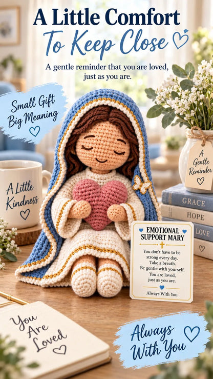 ⏳ Last Day 49% OFF – 💙 Always With You Mary Comfort Doll | Handmade Crochet Companion Holding A Heart with Encouragement Card ✨