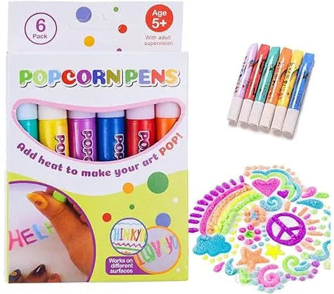 Six colorful Popcorn Pens with examples of finished artwork