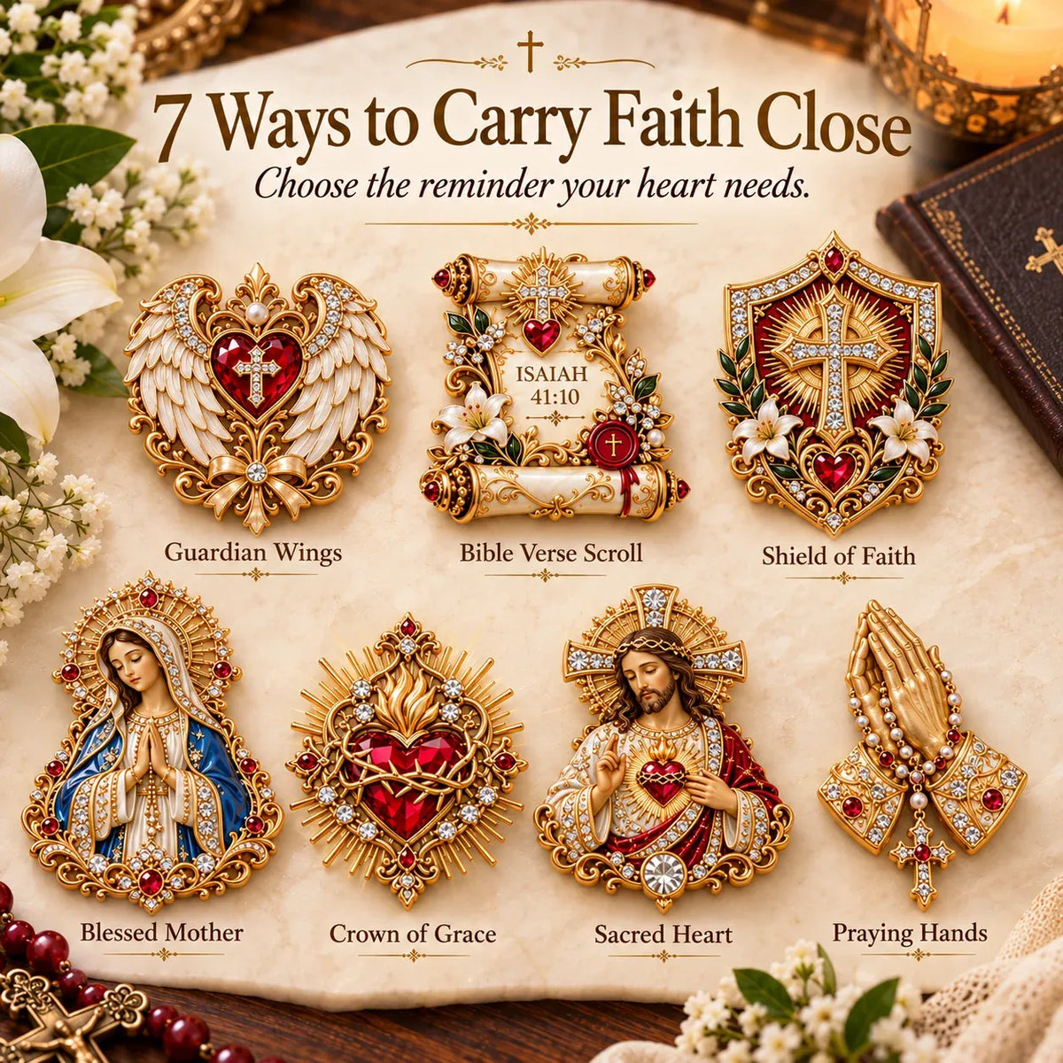 All seven Pocket Hug designs: Guardian Wings, Bible Verse Scroll, Shield of Faith, Mary, Crown of Grace, Sacred Heart and Praying Hands