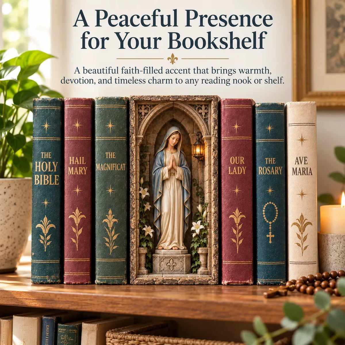 🙏 Virgin Mary Lighted Book Nook – Sacred Chapel Bookshelf Decor