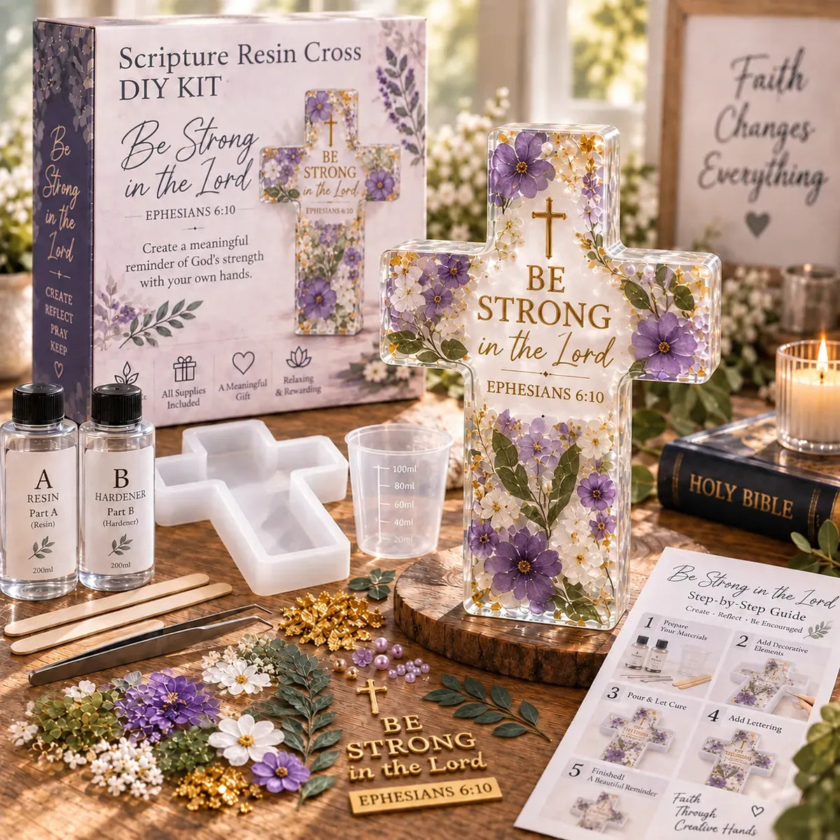 ✝️ Beginner-Friendly Be Still Scripture Resin Cross DIY Kit | Complete Kit with Cross Mold, Two-Part Resin, Florals, Gold Accents, Tools & Step-by-Step Guide Included 💕