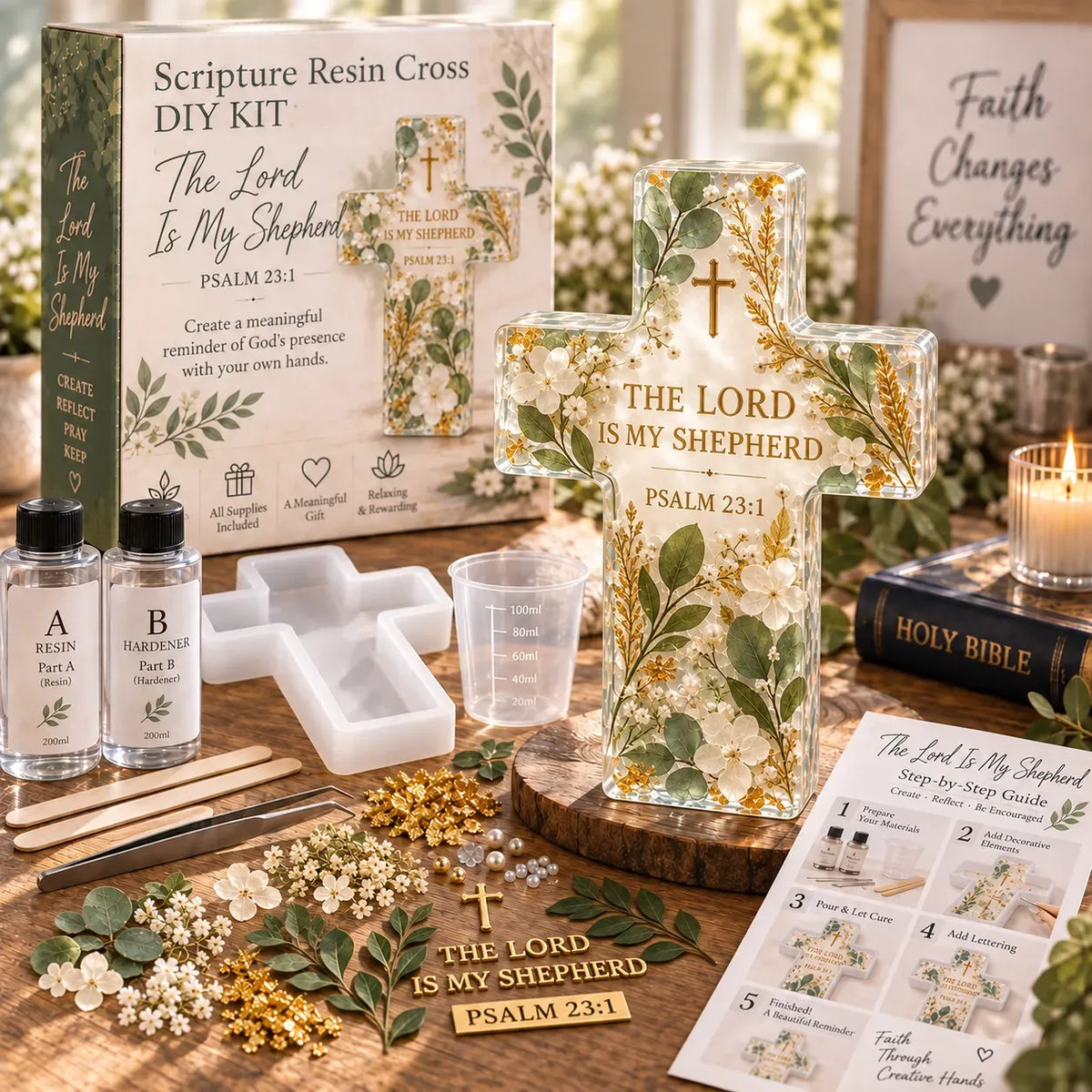 ✝️ Beginner-Friendly Be Still Scripture Resin Cross DIY Kit | Complete Kit with Cross Mold, Two-Part Resin, Florals, Gold Accents, Tools & Step-by-Step Guide Included 💕