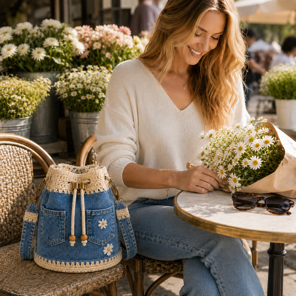 Denim Crochet Bucket Bag