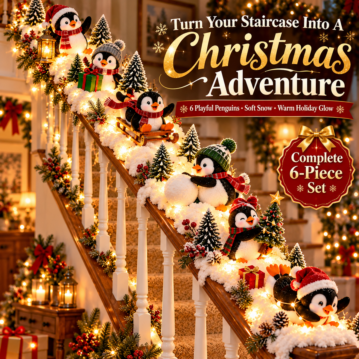 🐧 Christmas Penguin Adventure™ – Lighted 6-Piece Stair Railing Decor 🎄