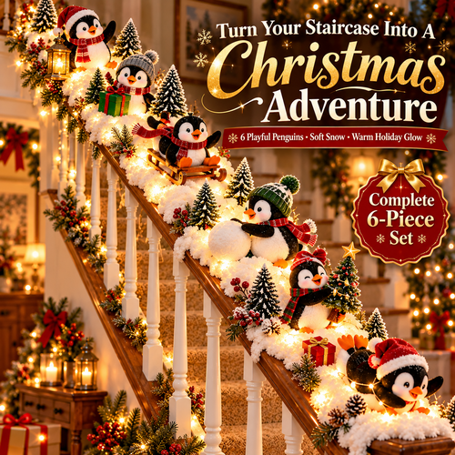 🐧 Christmas Penguin Adventure™ – Lighted 6-Piece Stair Railing Decor 🎄