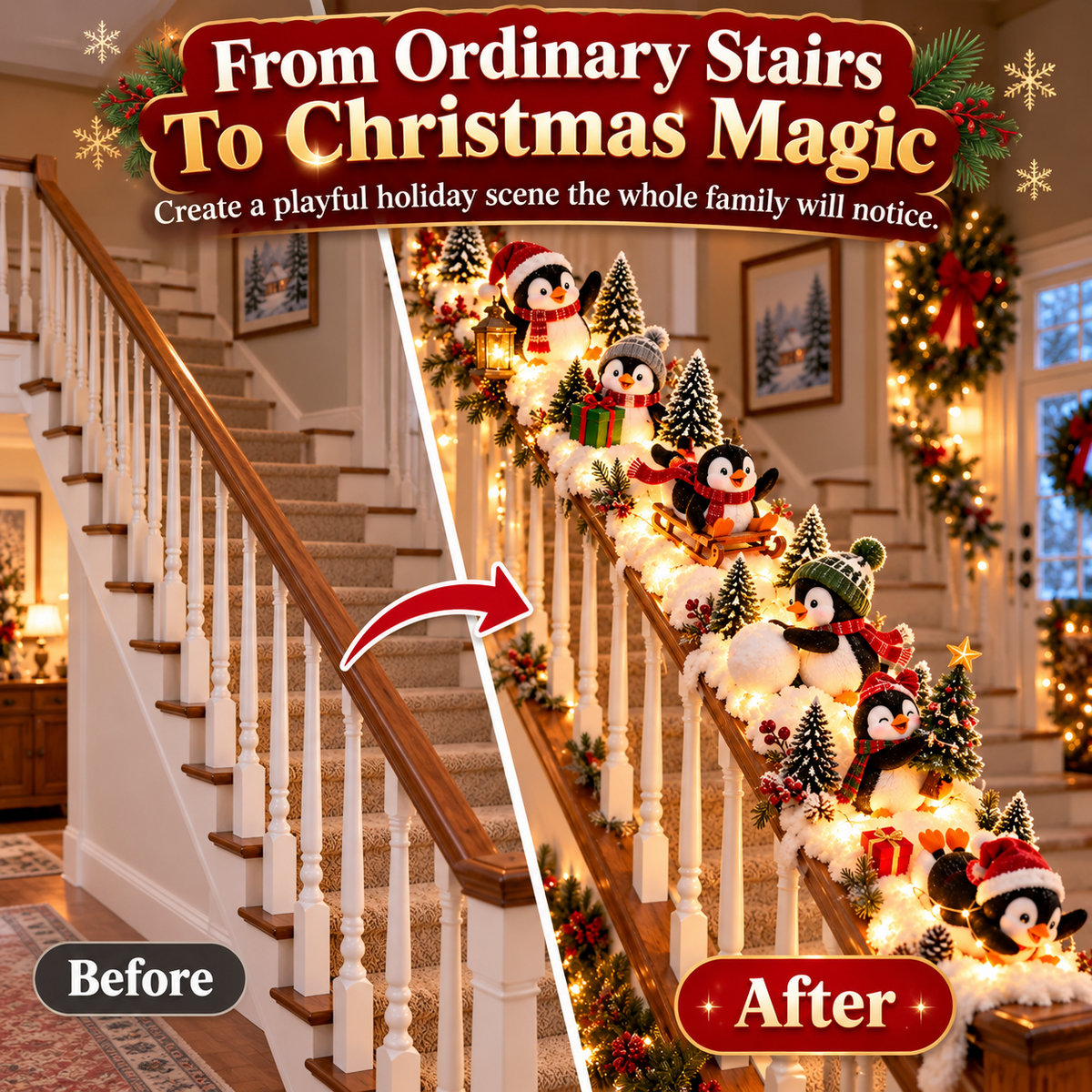 🐧 Christmas Penguin Adventure™ – Lighted 6-Piece Stair Railing Decor 🎄
