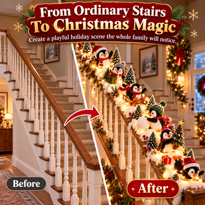 🐧 Christmas Penguin Adventure™ – Lighted 6-Piece Stair Railing Decor 🎄