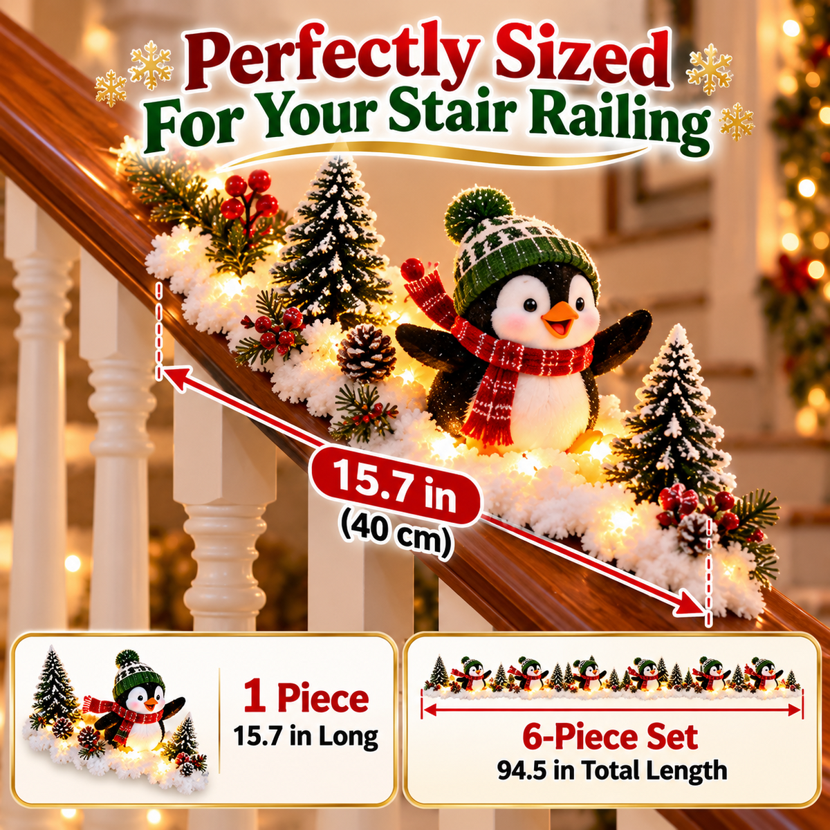 🐧 Christmas Penguin Adventure™ – Lighted 6-Piece Stair Railing Decor 🎄