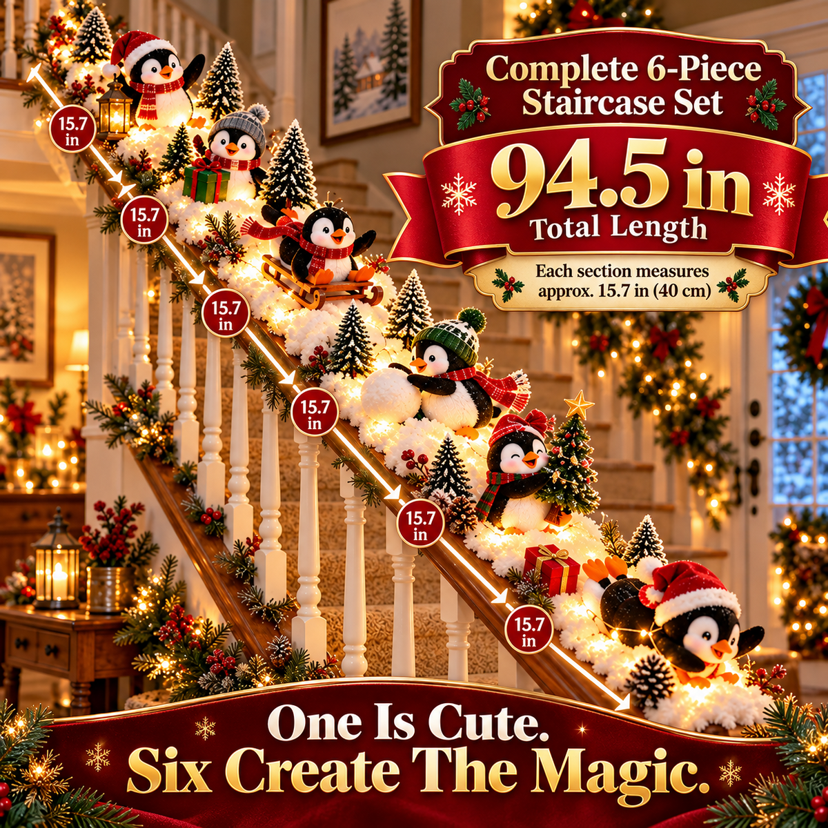 🐧 Christmas Penguin Adventure™ – Lighted 6-Piece Stair Railing Decor 🎄