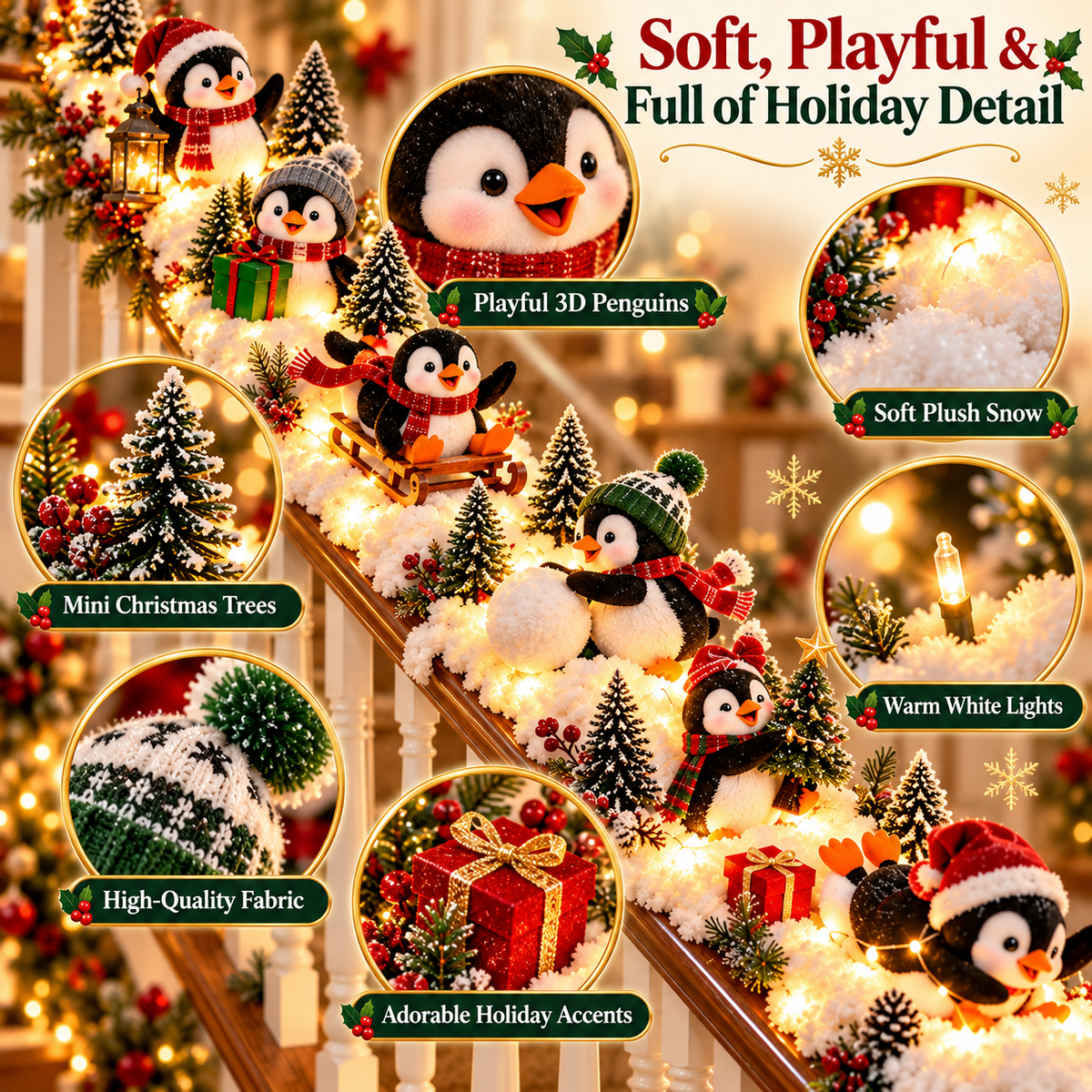 🐧 Christmas Penguin Adventure™ – Lighted 6-Piece Stair Railing Decor 🎄