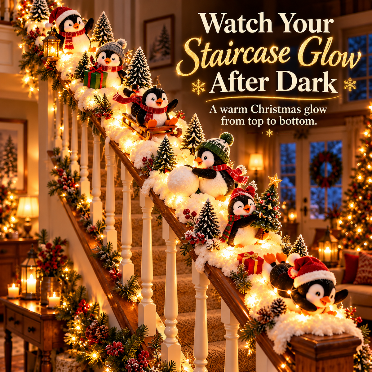 🐧 Christmas Penguin Adventure™ – Lighted 6-Piece Stair Railing Decor 🎄