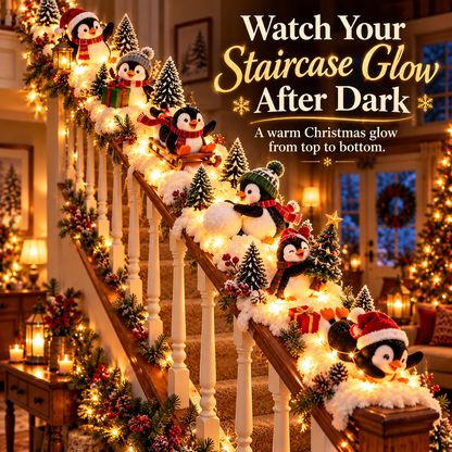🐧 Christmas Penguin Adventure™ – Lighted 6-Piece Stair Railing Decor 🎄