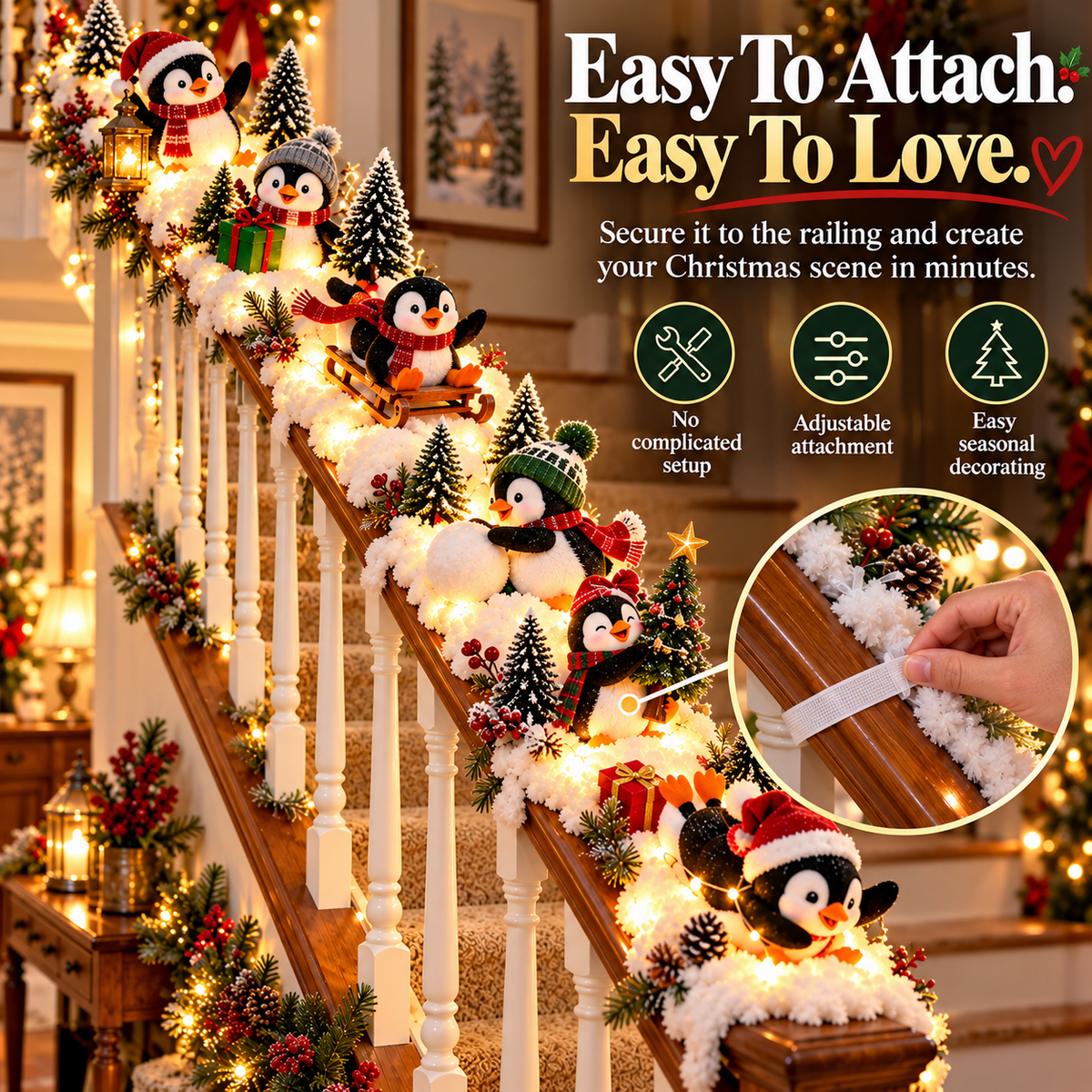 🐧 Christmas Penguin Adventure™ – Lighted 6-Piece Stair Railing Decor 🎄