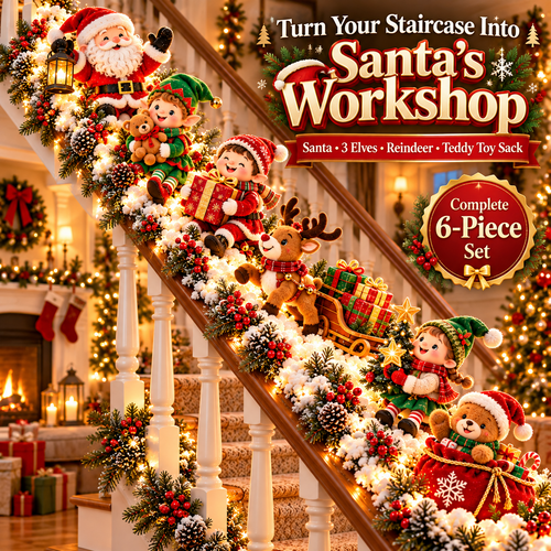 🎅 Santa’s Staircase Workshop™ – Lighted 6-Piece Christmas Stair Railing Decor 🎄