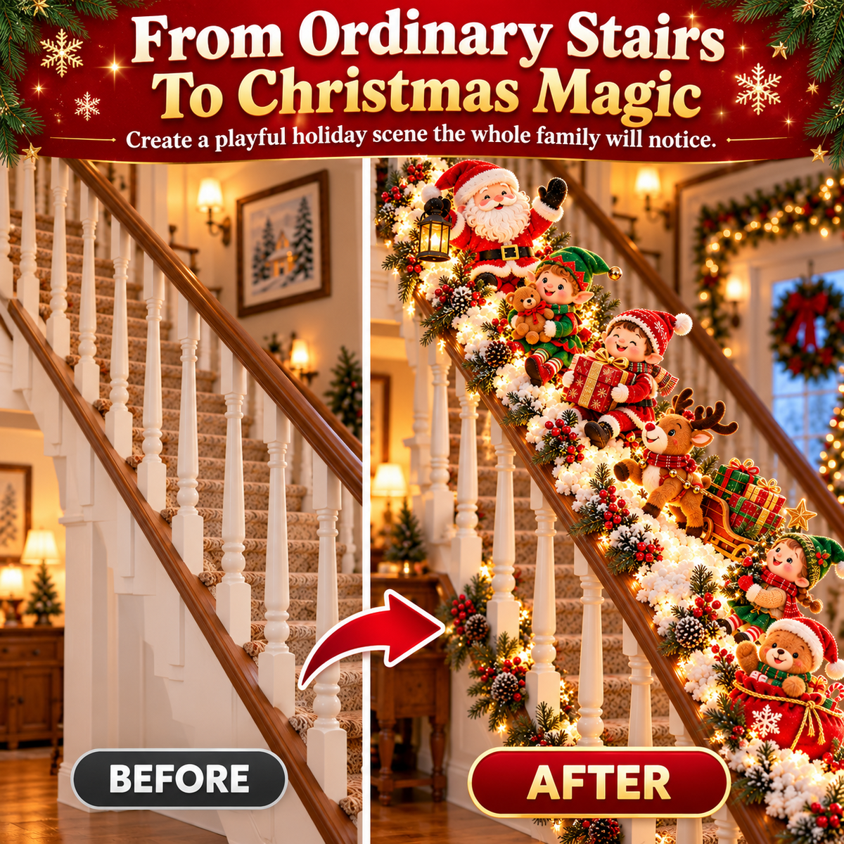 🎅 Santa’s Staircase Workshop™ – Lighted 6-Piece Christmas Stair Railing Decor 🎄