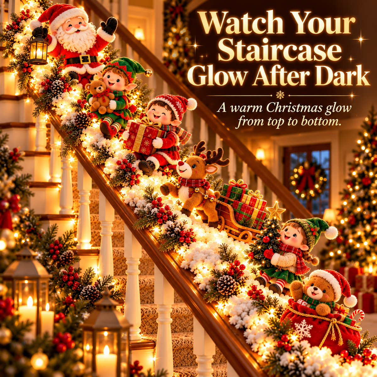 🎅 Santa’s Staircase Workshop™ – Lighted 6-Piece Christmas Stair Railing Decor 🎄