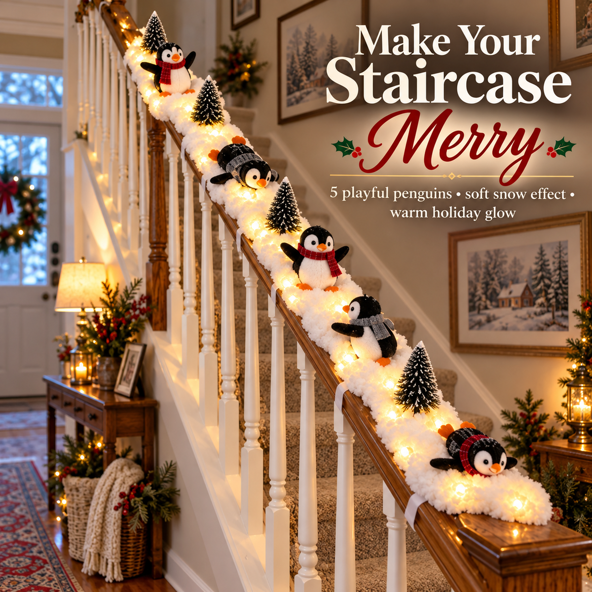 Playful Penguin Snowy Stair Railing Decor