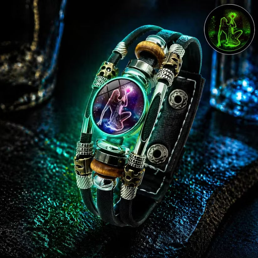 💥Limited-time 50% off ☪️Glow-in-the-dark leather zodiac sign bracelet for men and women (6.9/8.1 inches)♑️