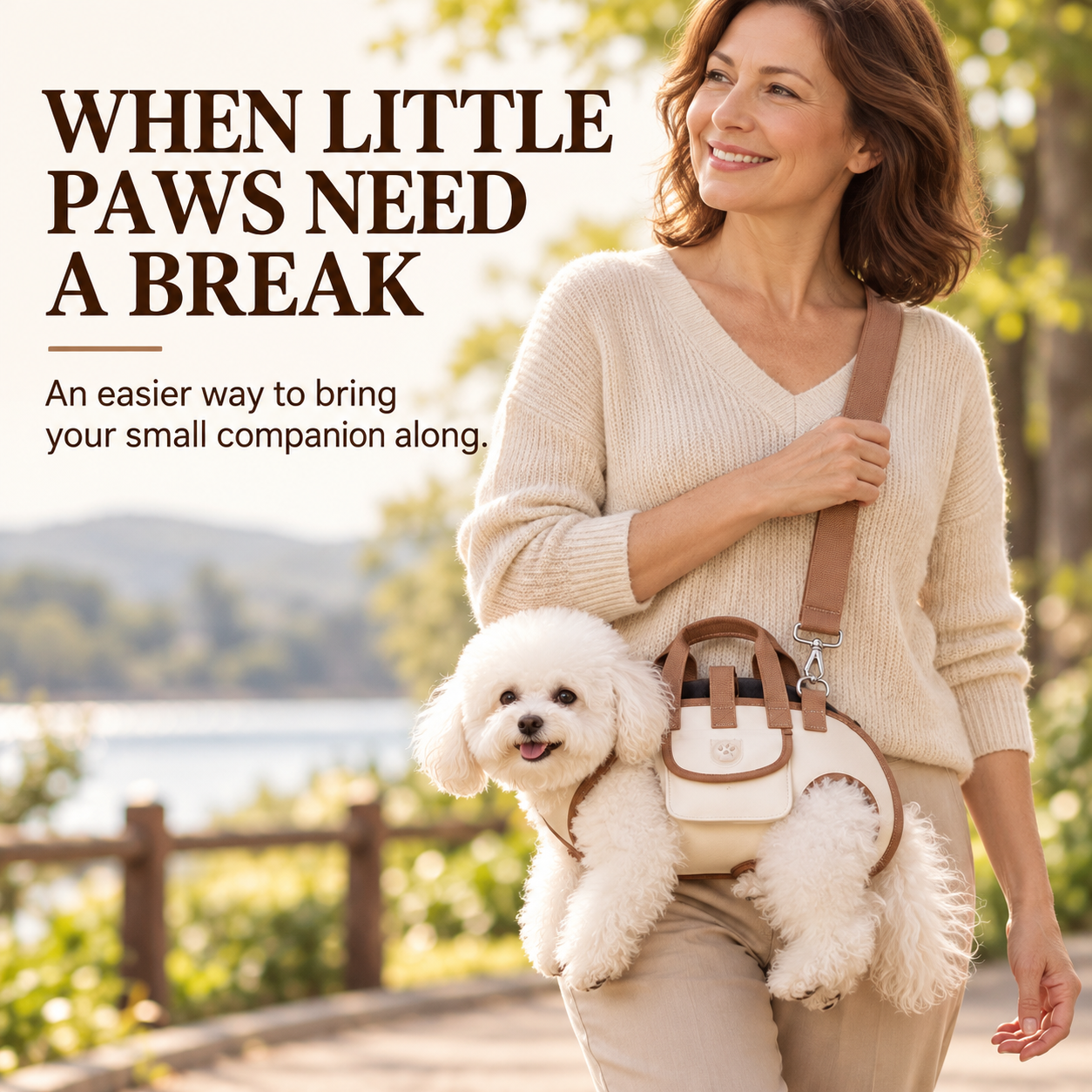 Woman carrying her small dog during an outdoor walk