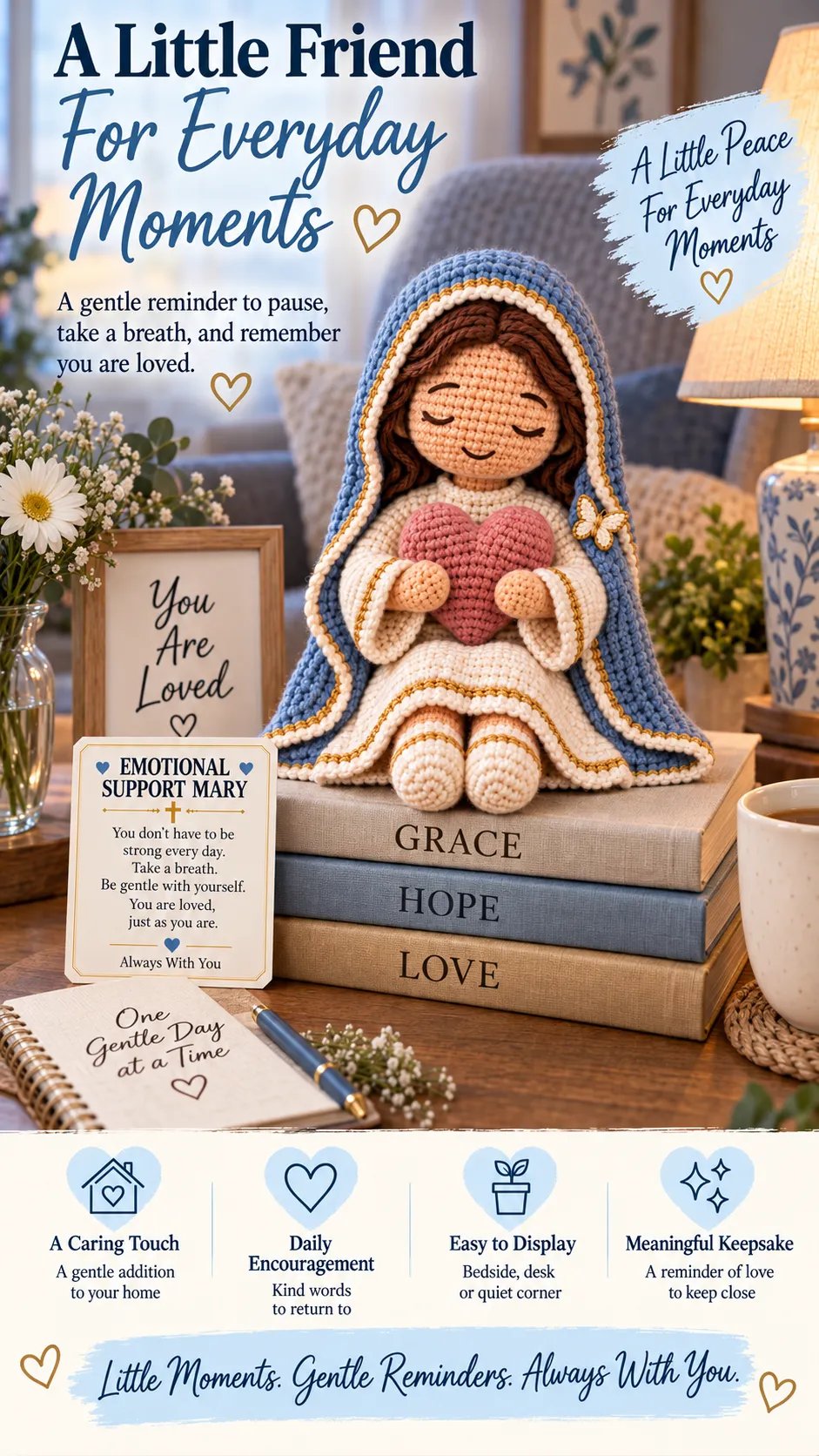 ⏳ Last Day 49% OFF – 💙 Always With You Mary Comfort Doll | Handmade Crochet Companion Holding A Heart with Encouragement Card ✨