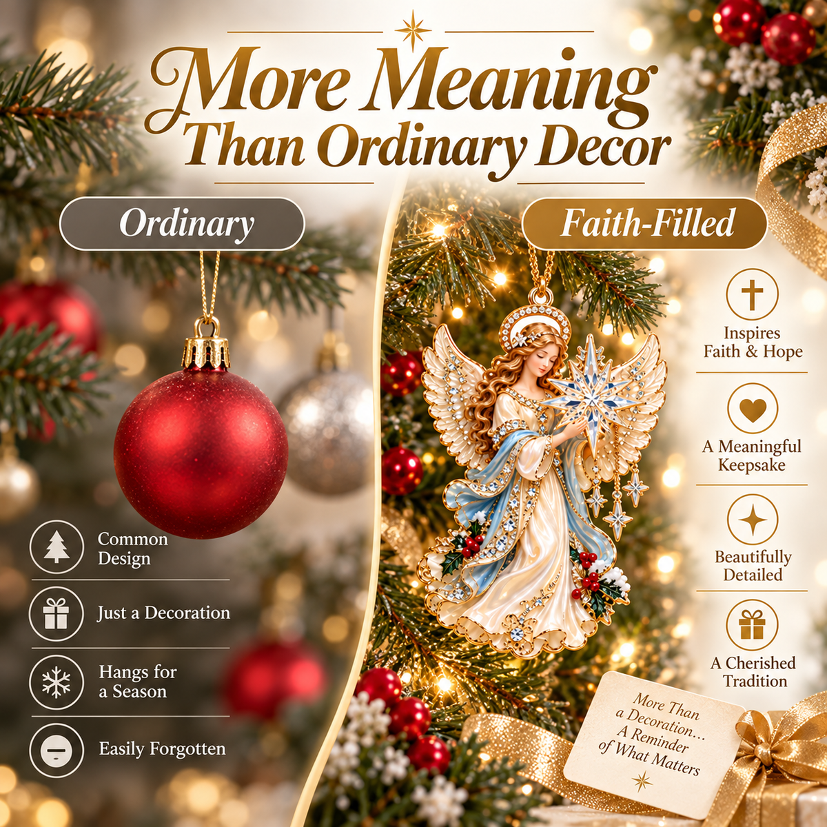 Faith inspired ornament compared with ordinary Christmas decoration