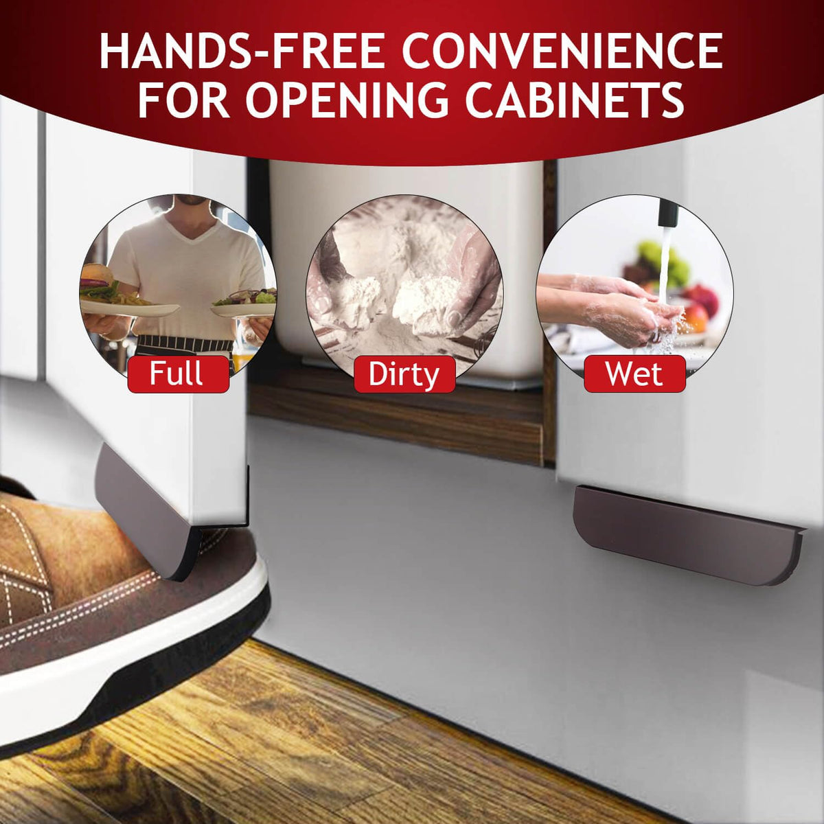 Hands-free cabinet opening with a foot when hands are full dirty or wet