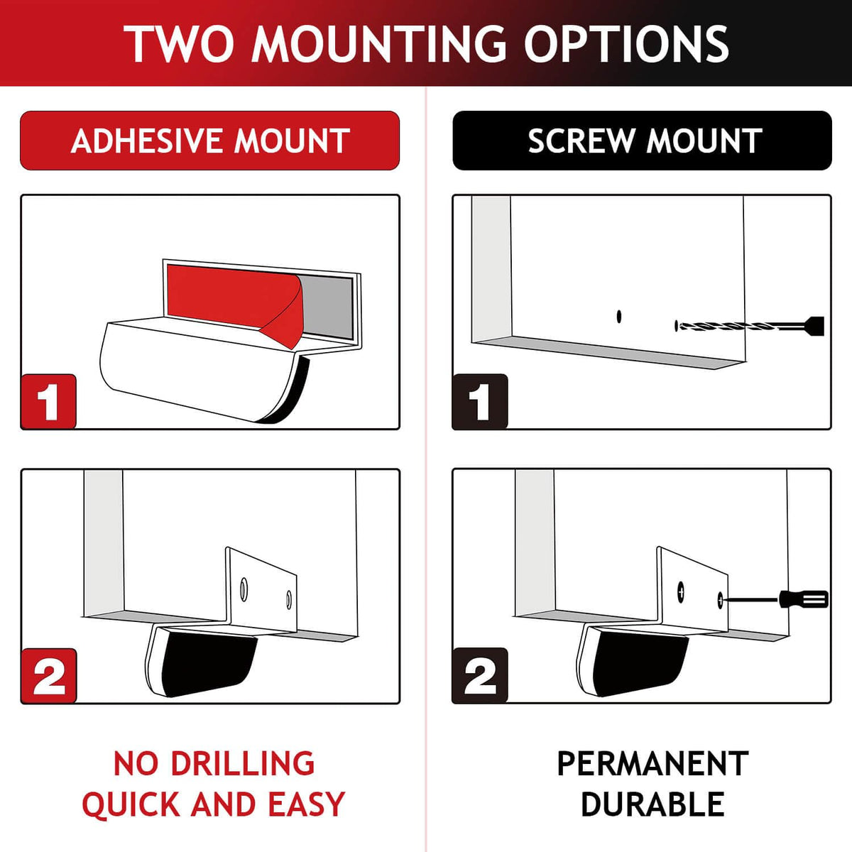 Two installation methods for cabinet foot pull using adhesive or screws