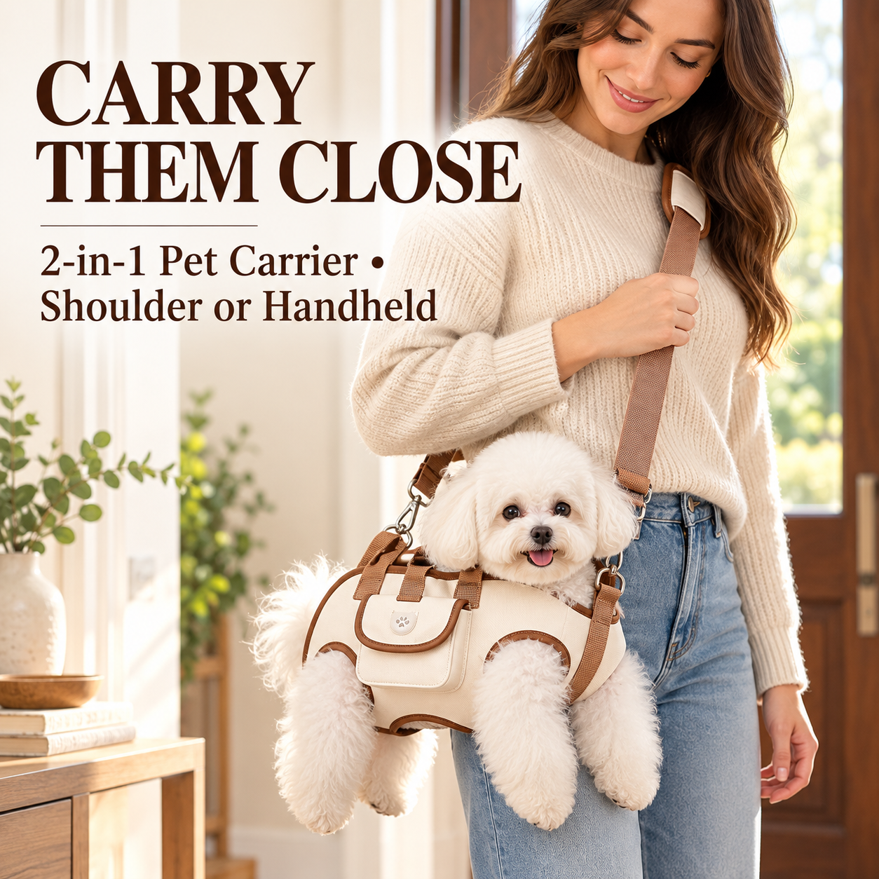 Small white dog supported in the cream and brown shoulder pet carrier