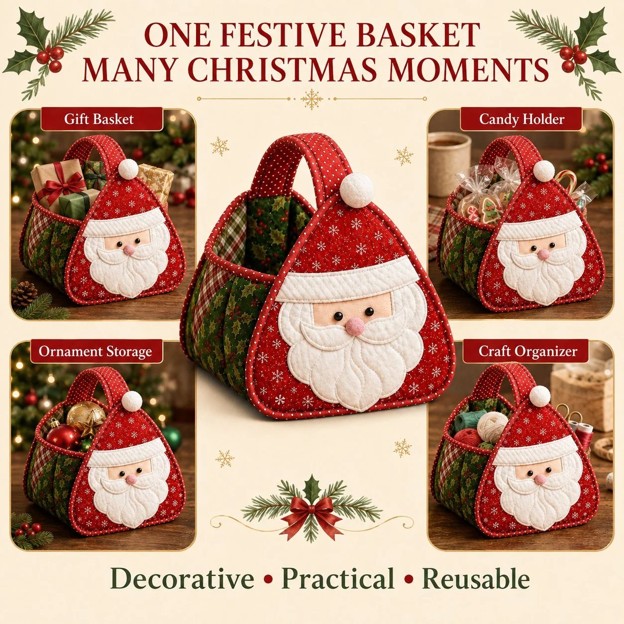 ⏳ 49 % RABATT – 🎄 Weihnachtlicher Figuren-Tragekorb | Gepolsterte Patchwork-Stoffe, mehrschichtige Applikationen & weicher Tragegriff – als DIY-Bausatz oder fertig genäht erhältlich 🎁✨