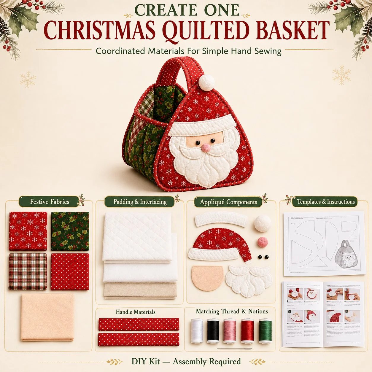 ⏳ 49 % RABATT – 🎄 Weihnachtlicher Figuren-Tragekorb | Gepolsterte Patchwork-Stoffe, mehrschichtige Applikationen & weicher Tragegriff – als DIY-Bausatz oder fertig genäht erhältlich 🎁✨