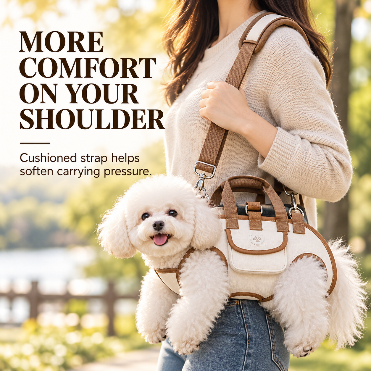 Close-up of the padded pet carrier shoulder strap