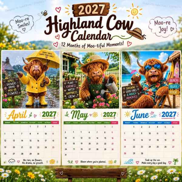 2027 Funny Highland Cow Wall Calendar | A4 Hanging Calendar | Designed by Isabel Kline