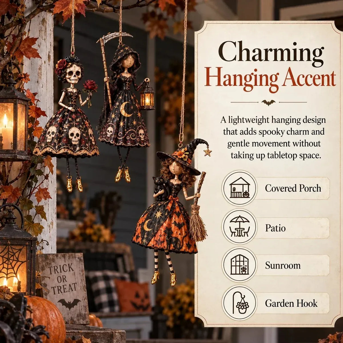 ⏳ Last Day 49% OFF – 🖤 Midnight Ladies™ Gothic Halloween Hanging Decor | 3 Spooky Character Styles for Porches, Entryways & Indoor Displays 🎃