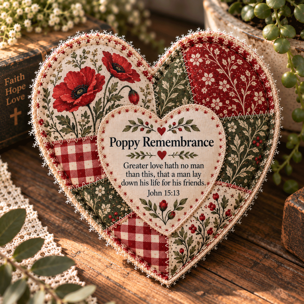 Poppy Remembrance Scripture Patchwork Heart