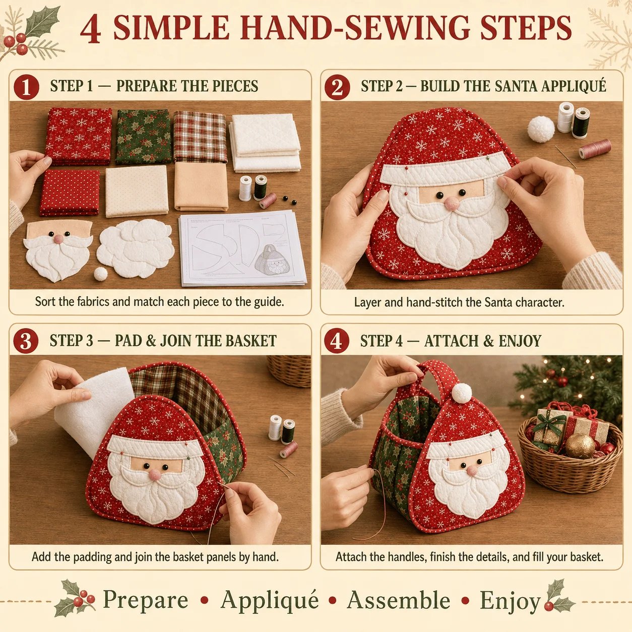 ⏳ 49 % RABATT – 🎄 Weihnachtlicher Figuren-Tragekorb | Gepolsterte Patchwork-Stoffe, mehrschichtige Applikationen & weicher Tragegriff – als DIY-Bausatz oder fertig genäht erhältlich 🎁✨