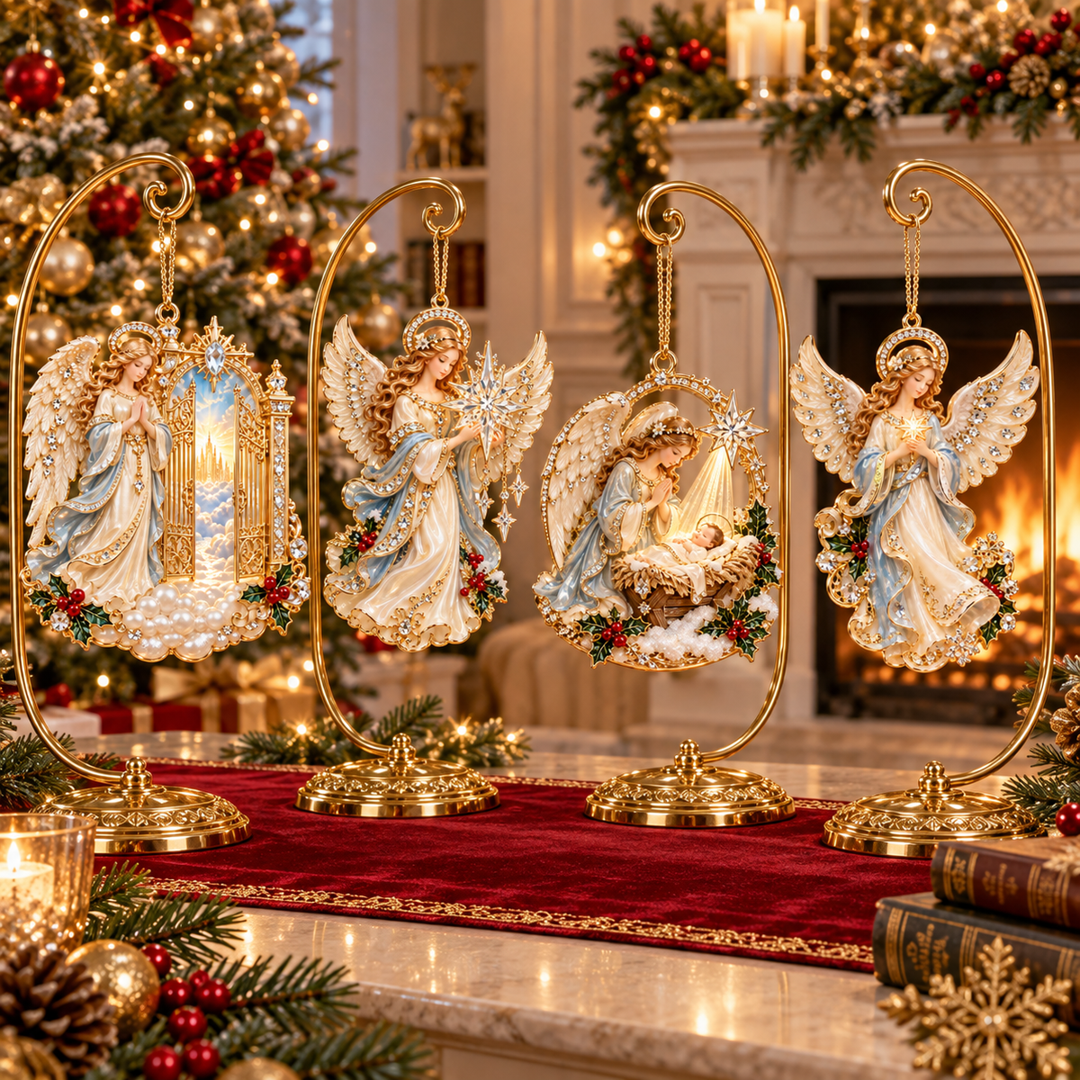 Angel Christmas ornaments displayed on decorative stands