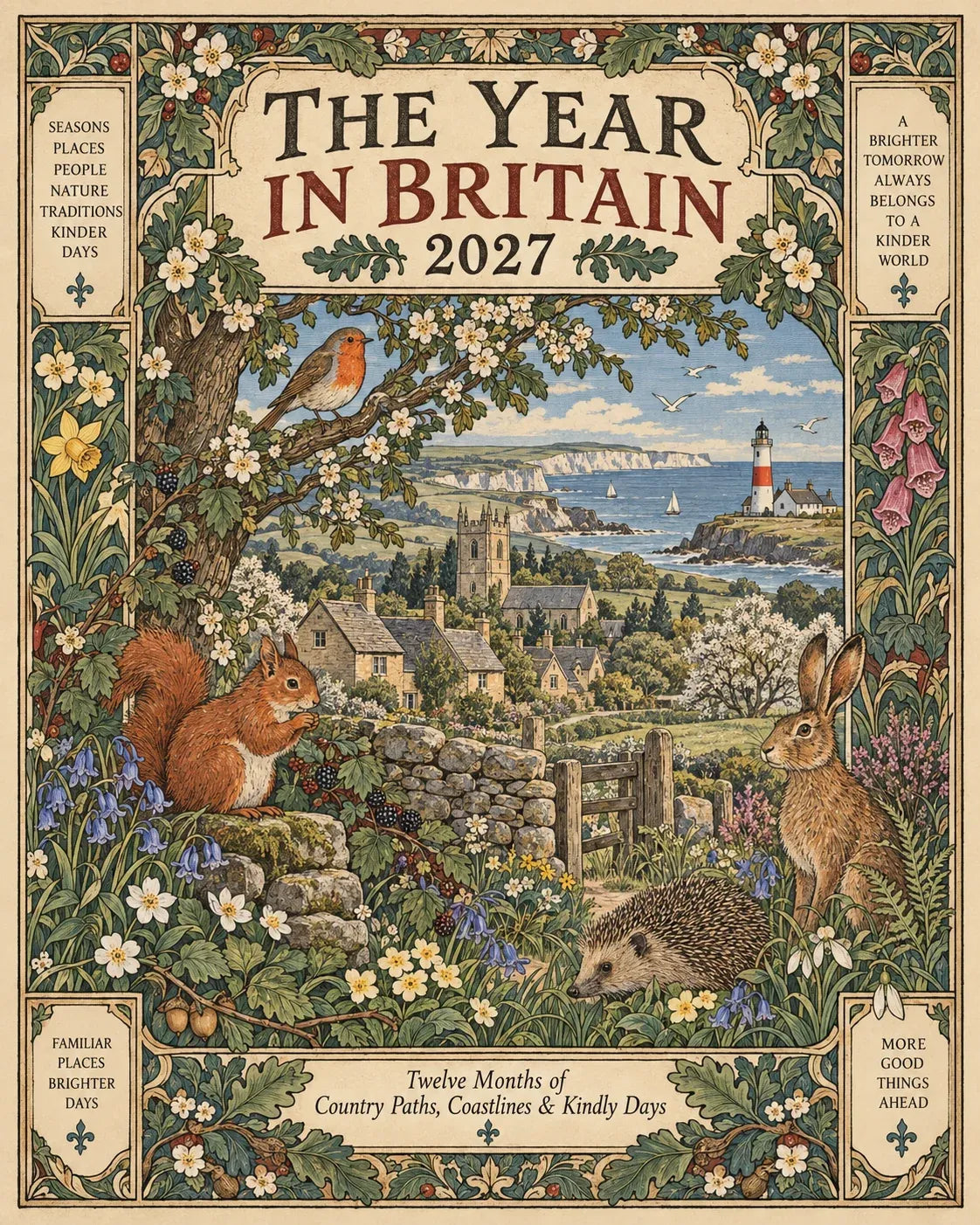 2027 Britain calendar cover with a village, coastal scenery, wildlife and botanical borders