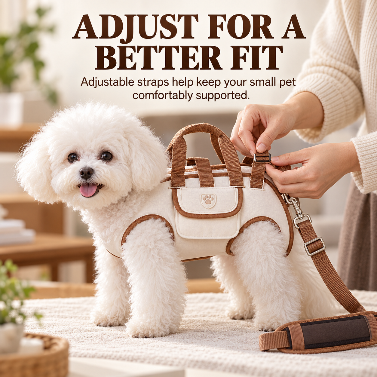 Hands adjusting the fit of a small dog carrier