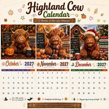 2027 Funny Highland Cow Wall Calendar | A4 Hanging Calendar | Designed by Isabel Kline