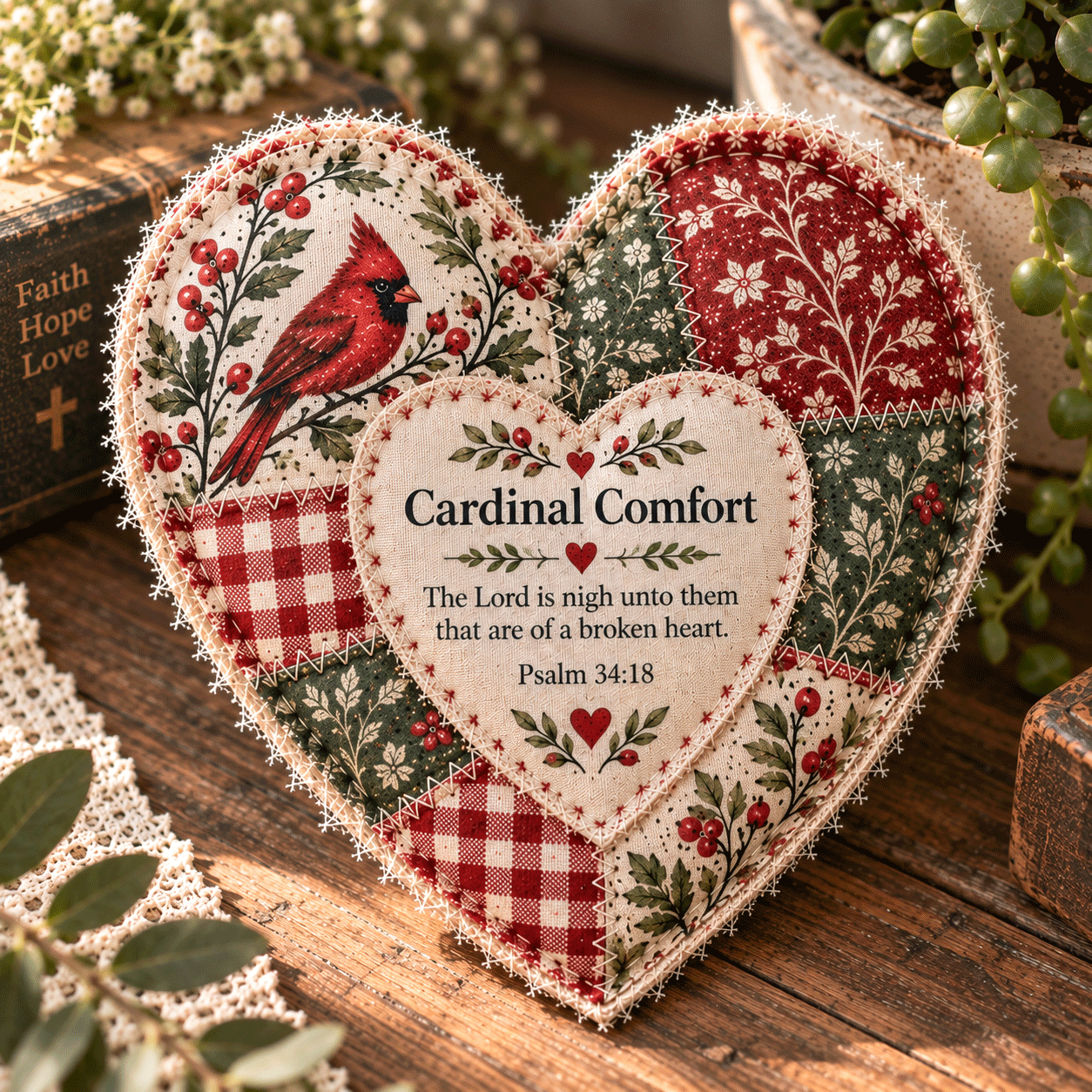 Cardinal Comfort Faith and Comfort Patchwork Heart Decor