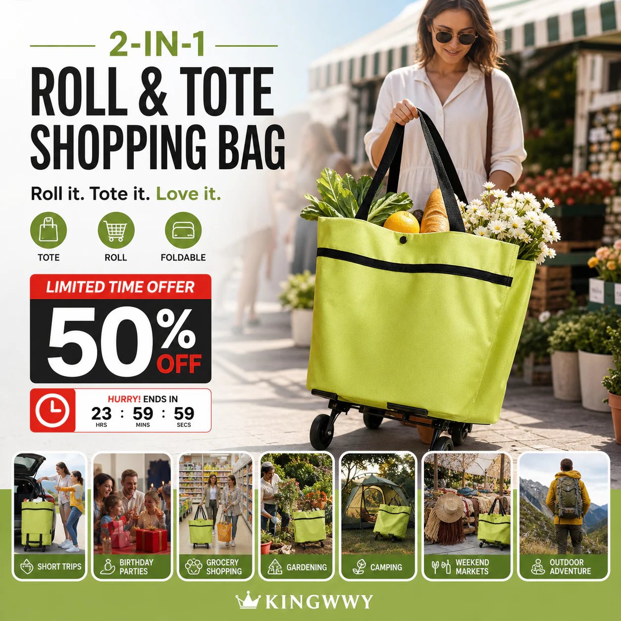 🛢️ 2-in-1 Foldable Shopping Cart