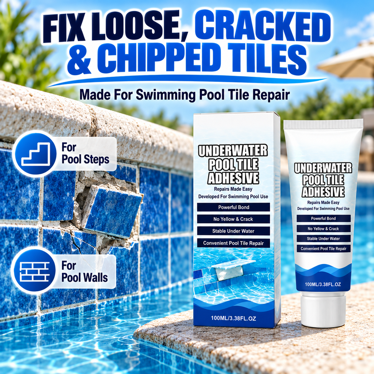 🏊💧 Underwater Pool Tile Repair Adhesive – Fix Loose Pool Tiles Easily🔧🍀