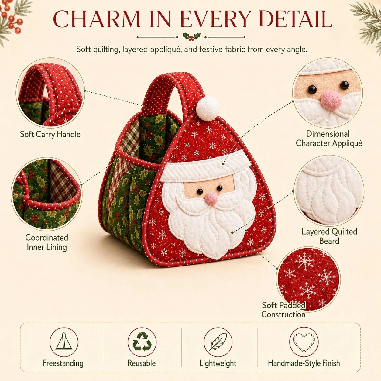 ⏳ 49 % RABATT – 🎄 Weihnachtlicher Figuren-Tragekorb | Gepolsterte Patchwork-Stoffe, mehrschichtige Applikationen & weicher Tragegriff – als DIY-Bausatz oder fertig genäht erhältlich 🎁✨