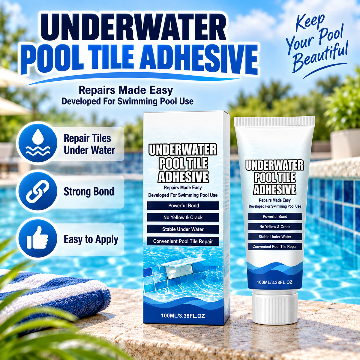 🏊💧 Underwater Pool Tile Repair Adhesive – Fix Loose Pool Tiles Easily🔧🍀