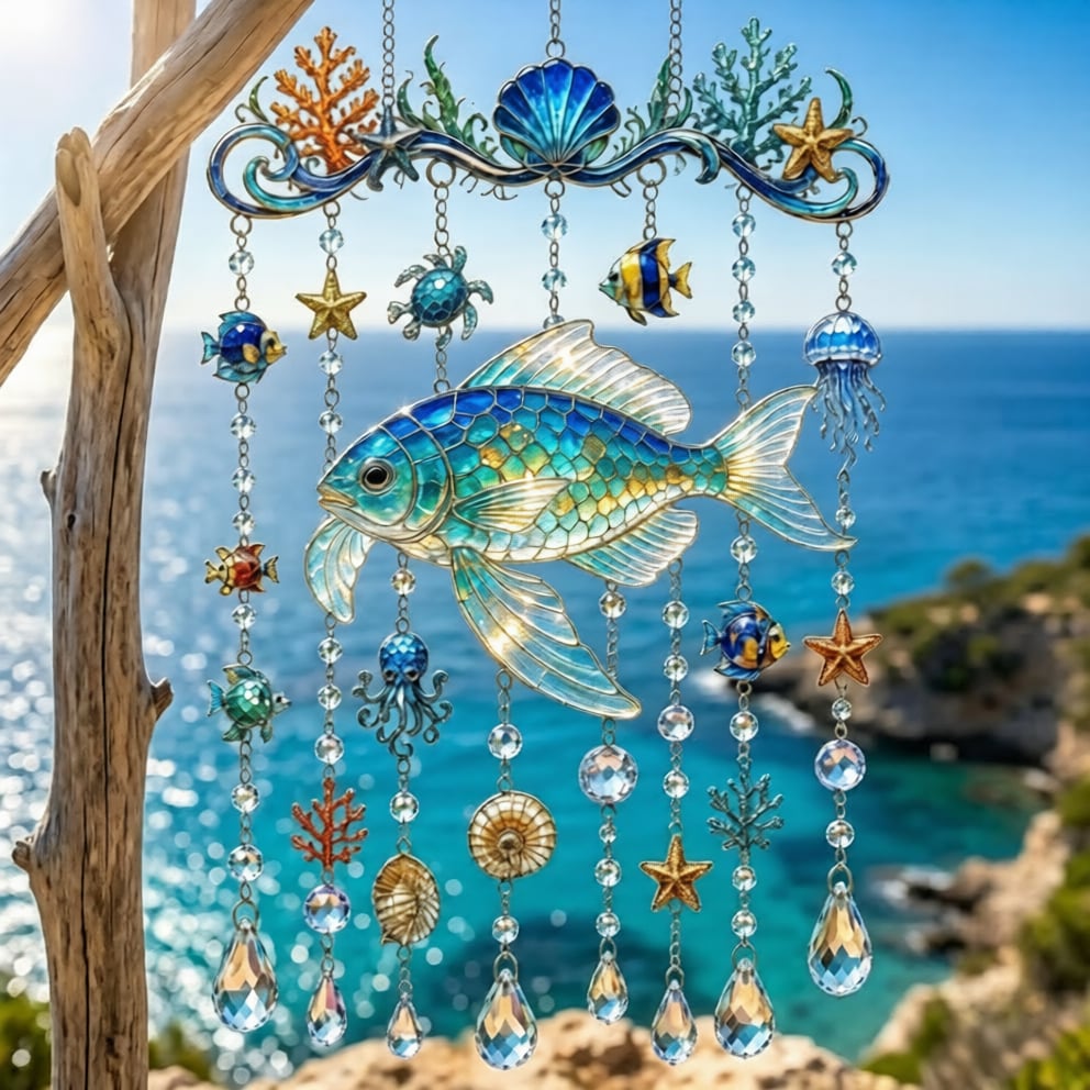 🐋 🌊Ocean-Themed Crystal Wind Chime – Bring the Ocean Glow to Your Garden