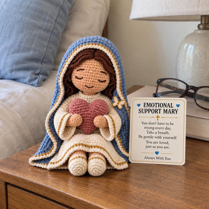 ⏳ Last Day 49% OFF – 💙 Always With You Mary Comfort Doll | Handmade Crochet Companion Holding A Heart with Encouragement Card ✨