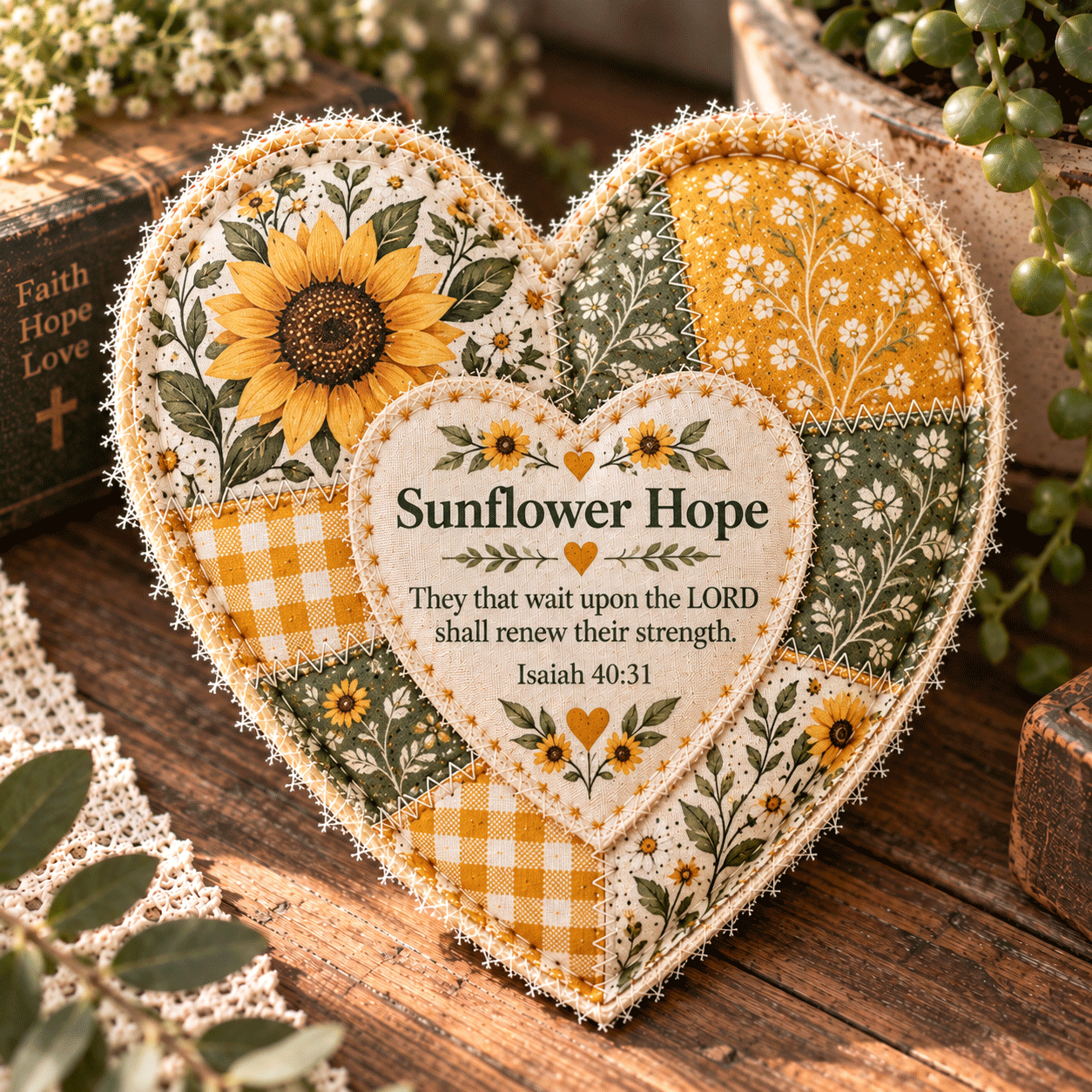 Sunflower Hope Scripture Patchwork Heart